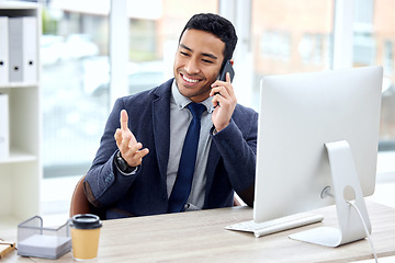 Image showing Phone call, advice and business man in office, communication and discussion for finance, planning or feedback. Financial advisor, corporate employee or happy asian person talk on mobile and computer