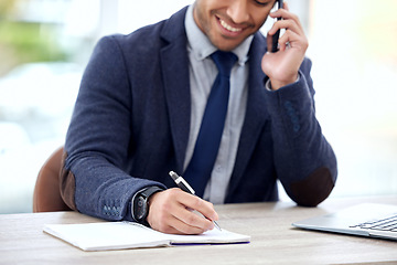 Image showing Writing, phone call and business man with notebook for planning, communication and advice, schedule or calendar. Happy professional worker or corporate person with journal, mobile chat and ideas