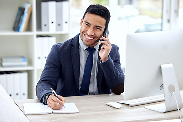 Image showing Phone call, writing and business man in office planning, notebook brainstorming or talking. reminder and virtual advice. Corporate employee or asian person for notes, mobile conversation and thinking