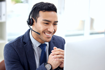 Image showing Call center, insurance agent and business man consulting on video call doing telemarketing with a smile in an office. Computer, contact us and customer service employee talking, support or helping