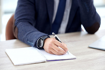 Image showing Writing, notebook and business man hands for career planning, notebook reminderand schedule or notes office. Journal, working and writer, professional person or employee with planner, ideas or goals