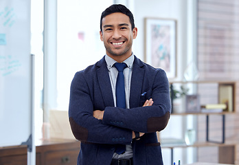 Image showing Happy, arms crossed and portrait of business man in office for corporate, professional and pride. Happiness, smile and entrepreneur with male employee for mission, natural and management