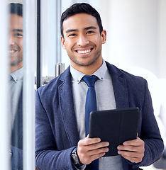 Image showing Tablet, portrait and business man with smile for online management, financial software or office planning. Face of corporate worker, accountant or asian person on digital accounting or technology app