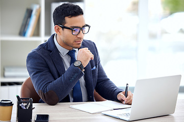 Image showing Thinking, writing and business man on laptop in office planning, notebook brainstorming and online research. Ideas, journal notes and corporate person on computer schedule, reminder or project goal