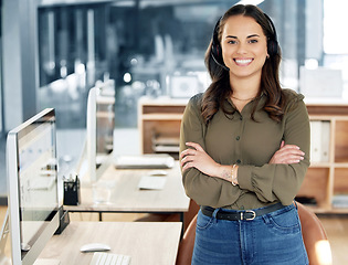 Image showing Portrait, call center and woman with arms crossed, telemarketing and employee with headphones, advice and help. Face, female person and consultant with a headset, customer service and tech support