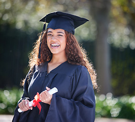 Image showing Graduation, education and portrait of woman at college with diploma certificate for learning, scholarship and achievement. Study, smile and university with student on campus for success and event