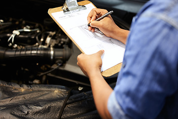 Image showing Hands, car mechanic and writing on checklist for service, maintenance and document repair list. Hand, man and engineer with vehicle inspection survey, report and checking engine motor in garage