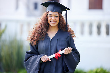 Image showing Success, portrait of college student and on graduation day at her campus outside with her certificate. Achievement, graduate and happy female person smile with her diploma at university outdoors