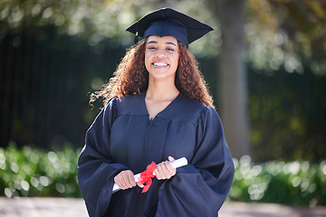 Image showing Graduation, happy and portrait of woman at college with diploma certificate for learning, scholarship or achievement. Study, goal and university with student on campus for success, education or event