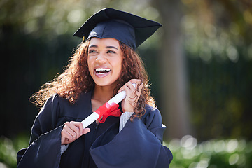 Image showing Graduation, diploma and happy with woman at college with certificate for learning, scholarship and future. Study, goal and university with female student on campus for success, education and event