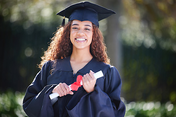 Image showing Graduation, smile and portrait of woman at college with diploma certificate for learning, scholarship or achievement. Study, goal and university with student on campus for success, education or event