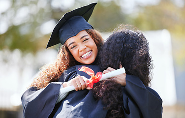 Image showing Women friends, hug and graduation diploma with smile, celebration or solidarity for success at college. University students, girl and portrait with certificate, pride and excited with congratulations