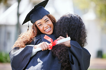 Image showing Women friends, hug and graduation certificate with smile, celebration or solidarity for success at college. University students, girl and portrait with diploma, pride and excited with congratulations