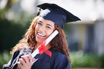 Image showing Graduation, diploma and portrait of woman at college with certificate for learning, scholarship and future. Study, goal and university with female student on campus for success, education and event