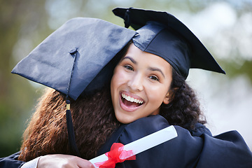 Image showing Happy, portrait of friends hugging and on graduation day at college campus outside. Celebration or success, achievement or education and excited students hug together at university outdoors.