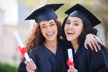 Image showing Graduation, diploma and portrait of friends at college with certificate for learning, scholarship and achievement. Study, hug and university with women on campus for success and education event