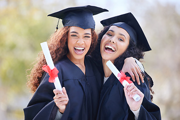 Image showing Graduation, learning and portrait of friends at college with diploma certificate for education, scholarship and achievement. Study, hug and university with women on campus for success and event