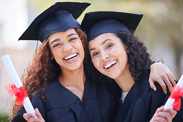 Image showing Graduation, hug and portrait of friends at college with diploma certificate for learning, scholarship and achievement. Study, education and university with students on campus for success and event