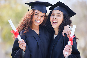Image showing Graduation, education and portrait of friends at college with diploma certificate for learning, scholarship and achievement. Study, hug and university with students on campus for success and event