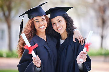 Image showing Women friends, portrait and graduation certificate with smile, celebration and solidarity for success at college. University students, girl and hug with diploma, pride and excited for future at event