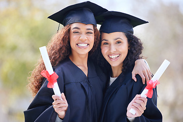 Image showing Graduation, university and portrait of friends at college with diploma certificate for learning, scholarship and achievement. Study, hug and education with women on campus for success and event