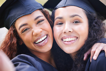 Image showing Women friends, hug and graduation selfie in portrait with smile, celebration or solidarity for success at college. University students, girl and hug with diploma, pride or excited for future at event