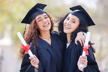 Image showing Graduation, certificate and portrait of friends at college with university diploma for learning, scholarship or achievement. Study, hug and education with women on campus for success, future or event