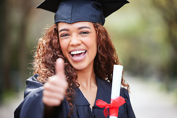 Image showing Thank you, portrait of female student with thumbs up and graduation day at college campus outdoors with certificate. Success or achievement, winner and happy female person graduate at university