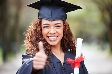 Image showing Thank you, portrait of woman with thumbs up and on graduation day outside of campus with certificate. University or college student, success or achievement and happy female person with diploma