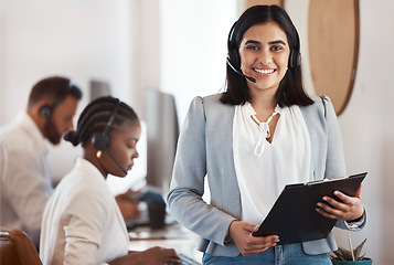 Image showing Call center, customer support and portrait of a consultant with clipboard for management in the office. Contact us, headset and female telemarketing agent manager with crm communication in workplace.