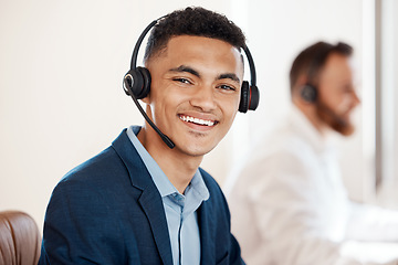 Image showing Portrait, call center and happy agent working in office of customer service, support or job in crm communication. Man, contact us and telemarketing sales employee or online consulting career