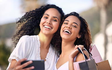 Image showing Phone, selfie and friends or women with shopping bag, city photography and happy sale, discount or deal for retail. Face of influencer, african people or customer in profile picture for fashion promo