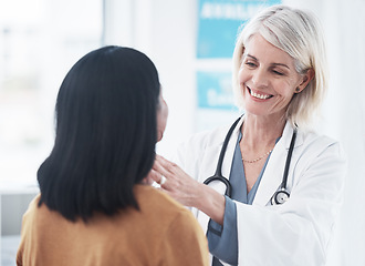 Image showing Throat, medical and woman with doctor in hospital for sick, thyroid cancer or test. Healthcare, medicine and virus with physician and consulting with patient in clinic for emergency, injury and exam