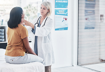 Image showing Consulting, thyroid and woman with doctor in hospital for sick, cancer or medical test. Healthcare, medicine and virus with physician and checking throat of patient in clinic for emergency and injury