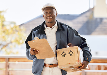 Image showing Black man, portrait smile and box with clipboard for delivery, package or cargo shipping in logistics. Happy African male person or courier smiling with parcel, form or application for item checklist