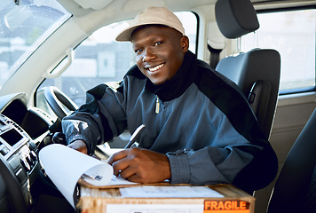 Image showing Black man, portrait and writing in car delivery, box or package in logistics, shipping or transportation. Happy African male person or courier with smile filling form or cargo application in transit