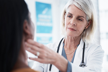 Image showing Consulting, throat and woman with doctor in hospital for sick, thyroid cancer or test. Healthcare, medicine and virus with medical physician and checking patient tonsils for emergency and injury