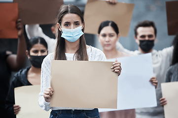 Image showing Blank protest poster, woman mask and portrait with fight, human rights support and rally sign. Urban, group and protesting people with a male person holding a pro vaccine movement signage on a street