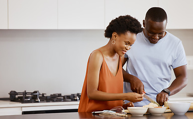 Image showing Food, love and black couple in a kitchen for cooking, meal and bonding in their home together. Nutrition, lunch and happy woman with man preparing fresh, healthy and vegan salad recipe in their house