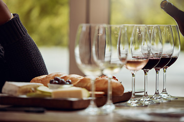 Image showing Wine tasting, cheese platter and winery restaurant with alcohol and glass for customer. Waiter, drink and sommelier with bottle for wines and food pairing in a fine dining and luxury experience