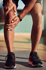 Image showing Fitness, exercise and legs of man with knee pain in gym with injury after running, training and workout. Medical accident, wellness and closeup of male person for muscle strain, joint ache and hurt