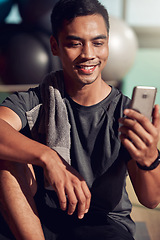 Image showing Fitness, selfie and man on floor with phone for health update on social media, happiness and gym motivation. Mobile app, cellphone and workout, male with smile on ground in pilates or yoga studio.