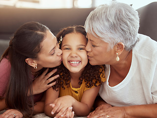 Image showing Portrait, mom and and kiss with grandmother and kid on floor of living room for bonding, smile and love. Happiness, trust and generations with women and girl in family home for solidarity and support