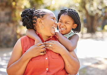 Image showing Happy, grandmother or girl laughing in park relaxing or smiling in nature on holiday vacation as a family. Funny joke, granny or senior black woman or child loves bonding or hugging African grandma