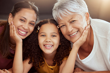 Image showing Portrait, generations and relax with family on floor of living room for bonding, smile and love. Happiness, trust and face of grandmother with young child and mom at home for solidarity and support