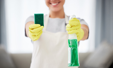 Image showing Spray bottle, sponge and hands with cleaning gloves and woman with product for clean house, surface or job working with detergent. Cleaner, service and maid, helper or worker with washing products