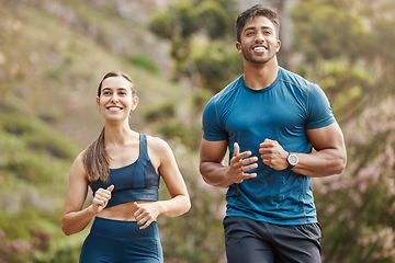 Image showing Running, mountain and happy couple of friends training for sports and health outdoor. Fitness, workout and sport run of young runner people together with confident athlete exercise and race cardio