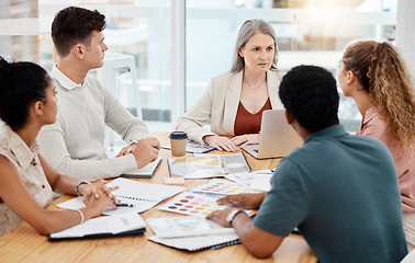 Image showing Meeting, color palette and business people for creative project, brand development, documents and manager. Talking, brainstorming and graphic designer, agency or CEO woman for project or staff ideas