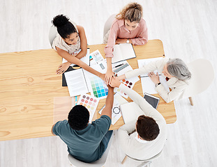 Image showing Diversity, top view of colleagues hands stack and planning in meeting at office. Hand together for collaboration or teamwork, brainstorming or goals and group with motivation, strategy and support