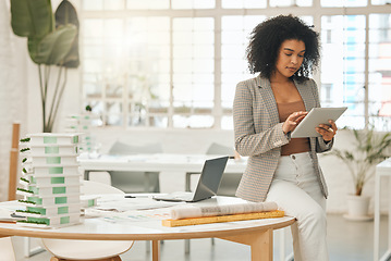 Image showing Architecture, tablet and search with woman in office for engineering, internet and buildings. Digital, construction and creative with female designer for project management, website and technology